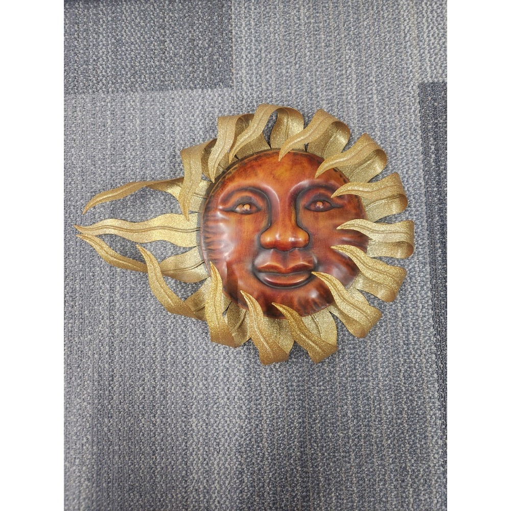 Wind Blown Sun Celestial Happy Face Tin Metal Garden Wall Art Glitter Rays 16x12